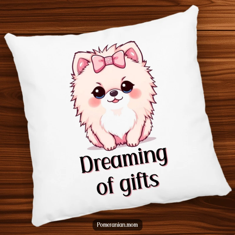 Funny Kawaii Pomeranian pillow showing a small dog offering a tiny, sparkly bow, perfect for cozying up with.