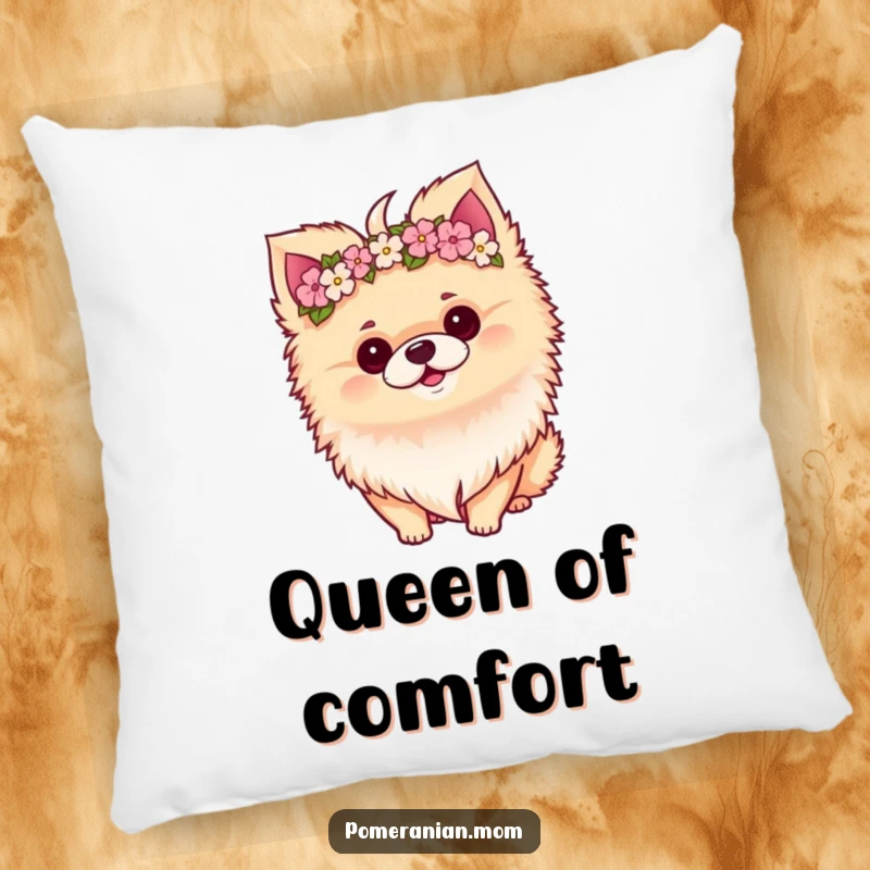 Funny Kawaii Pomeranian pillow, soft and plush, wearing a sweet flower crown with a charming head tilt.