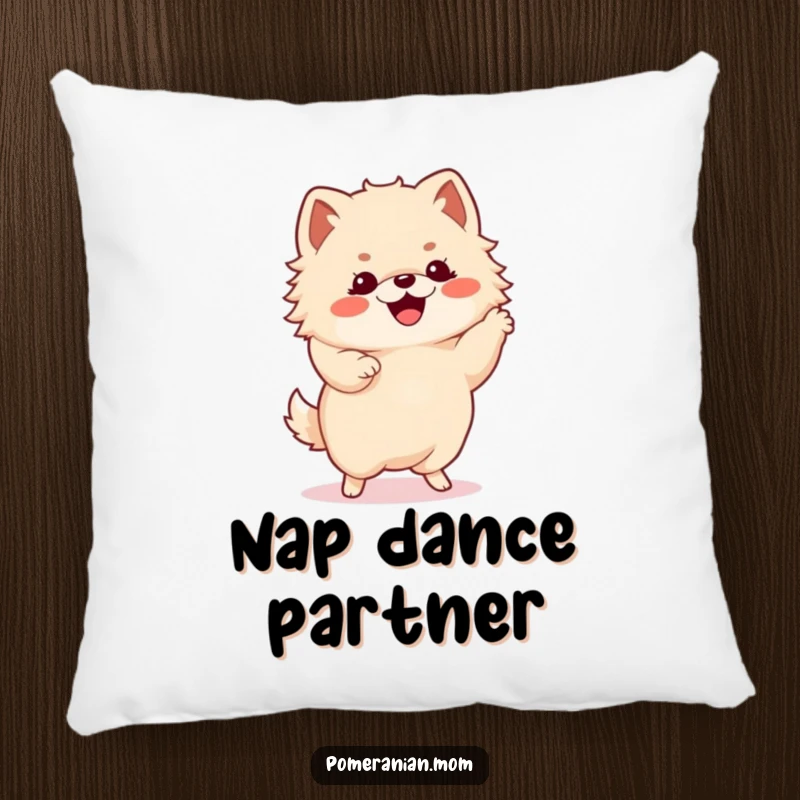 Funny Kawaii Pomeranian pillow, soft and plush, in a charming happy dance pose with tiny paws extended.