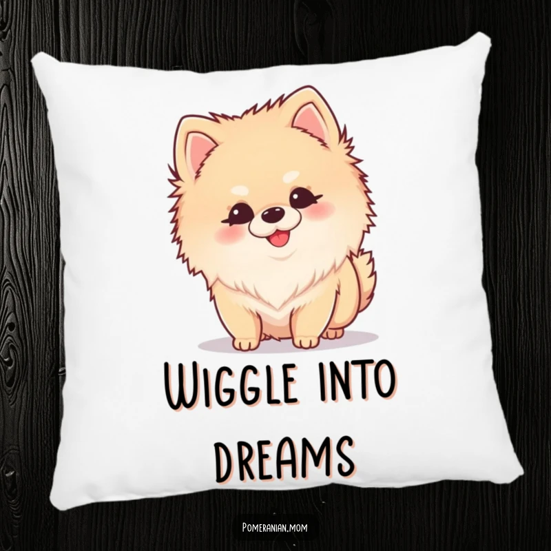 Funny Kawaii Pomeranian pillow showing a small dog curiously sniffing, with a happy tail wiggle, perfect for cozying up.