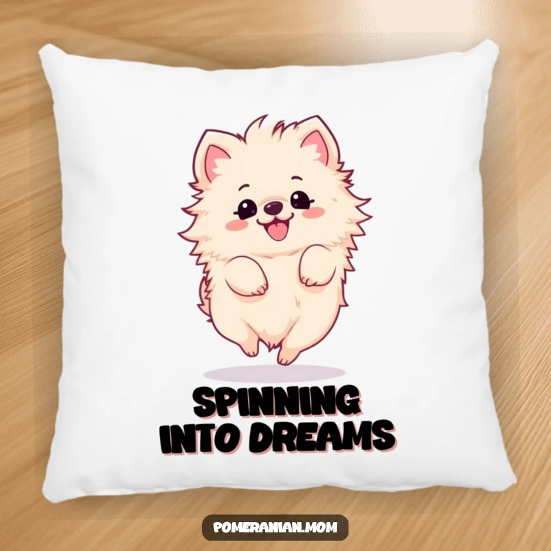 Funny Kawaii Pomeranian Pillow: A fluffy dog in a joyful, happy spin, bringing comfort and cheer.