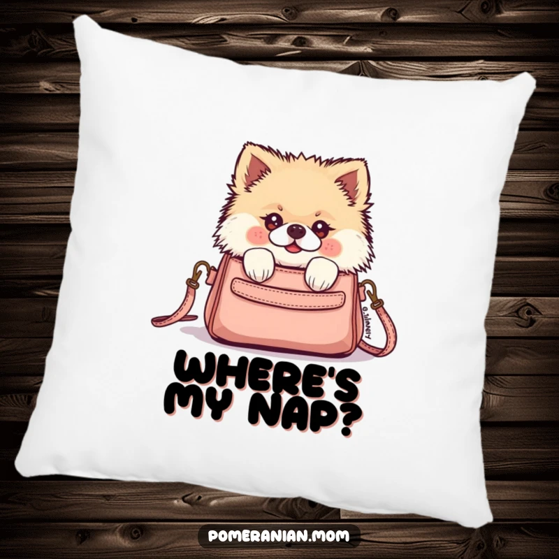 Funny Kawaii Pomeranian peeking from a tiny purse on this soft pillow, radiating cuteness and a playful, inquisitive spirit.
