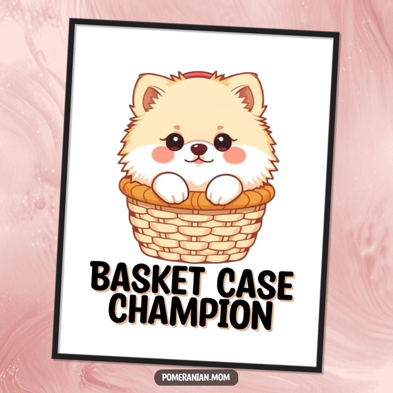 Funny Kawaii Pomeranian peeking from a small basket as a digital art print, capturing a moment of pure cuteness.