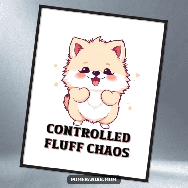 Funny Kawaii Pomeranian Digital Art: A cute, fluffy dog energetically shaking its body with pure excitement, ready for printing.
