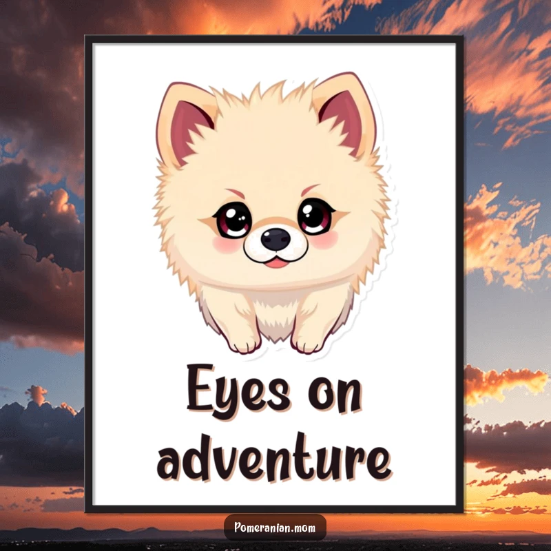 Funny Kawaii Pomeranian Digital Art: Dog with sparkling eyes, looking adventurously, a humorous and captivating digital artwork.