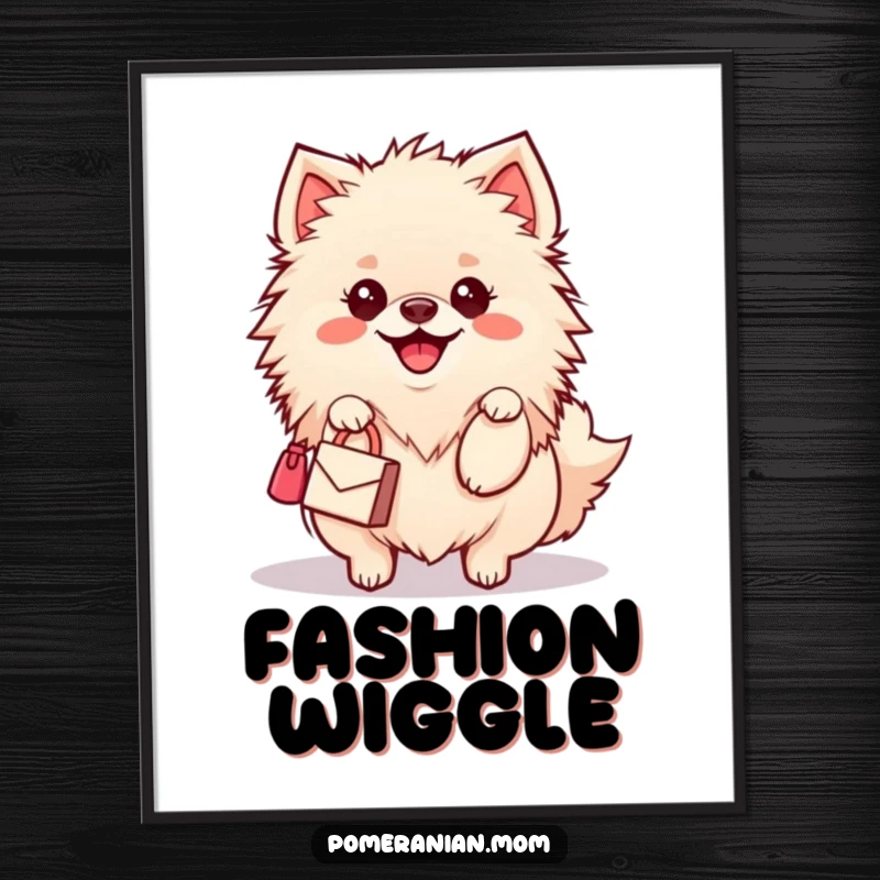 Funny Kawaii Pomeranian Digital Art: A cute dog with a happy wiggle carries a miniature handbag, creating a stylish and humorous atmosphere.