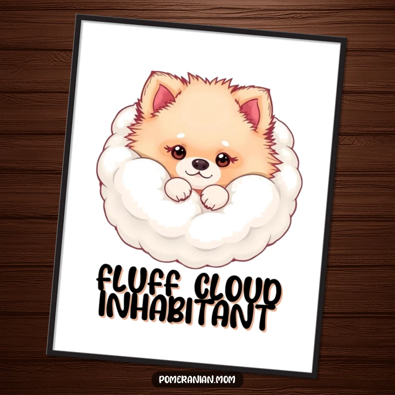 Funny kawaii Pomeranian peeking from its fluffy fur cloud digital art print, offering instant adorable and fluffy decor.
