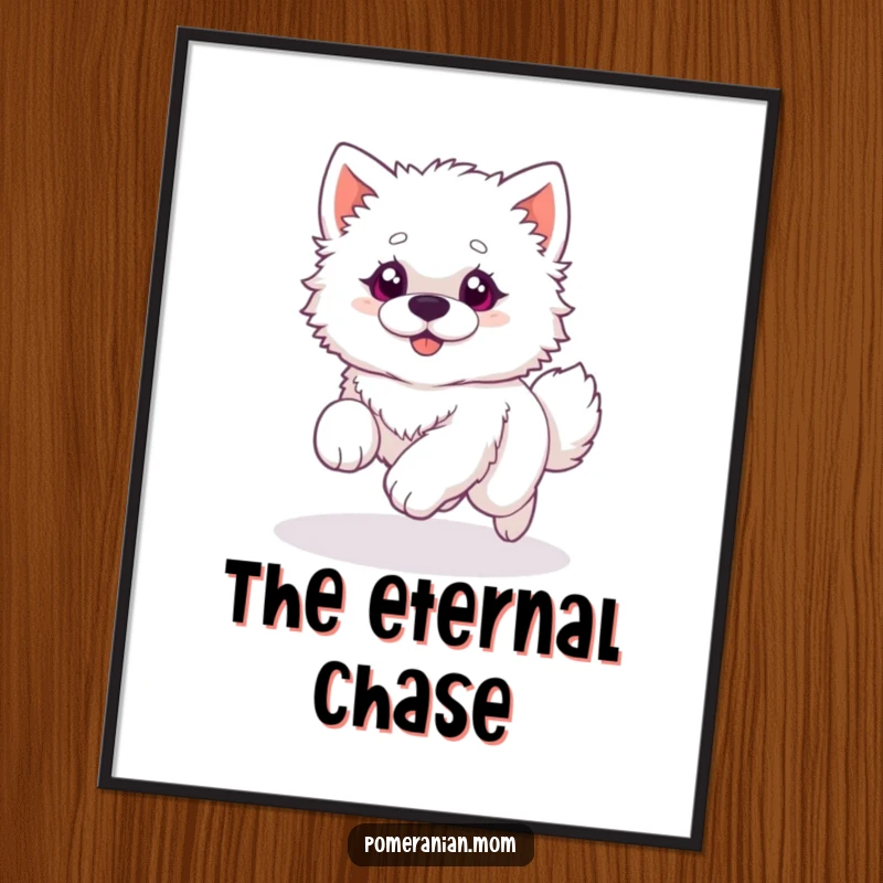 Funny digital art print of a fluffy white dog with wide, bright eyes, comically chasing its own tail in a dizzying circle.