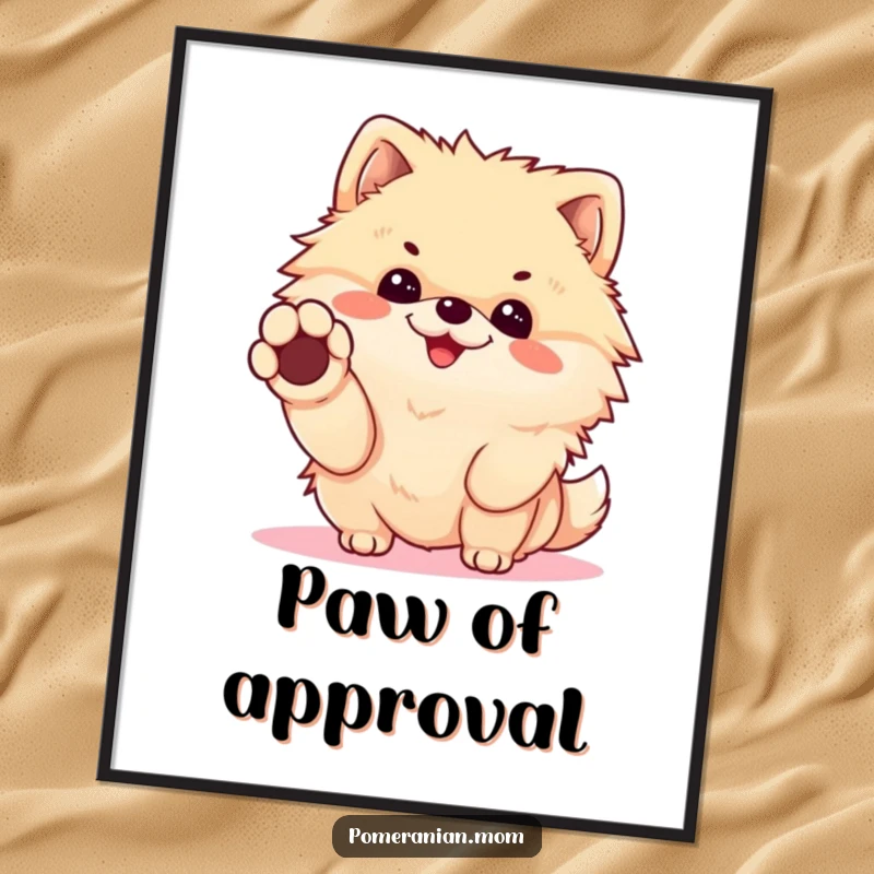 Funny Kawaii Pomeranian Digital Art: Cheerful dog offering a paw for a handshake, conveying friendliness and humor visually.
