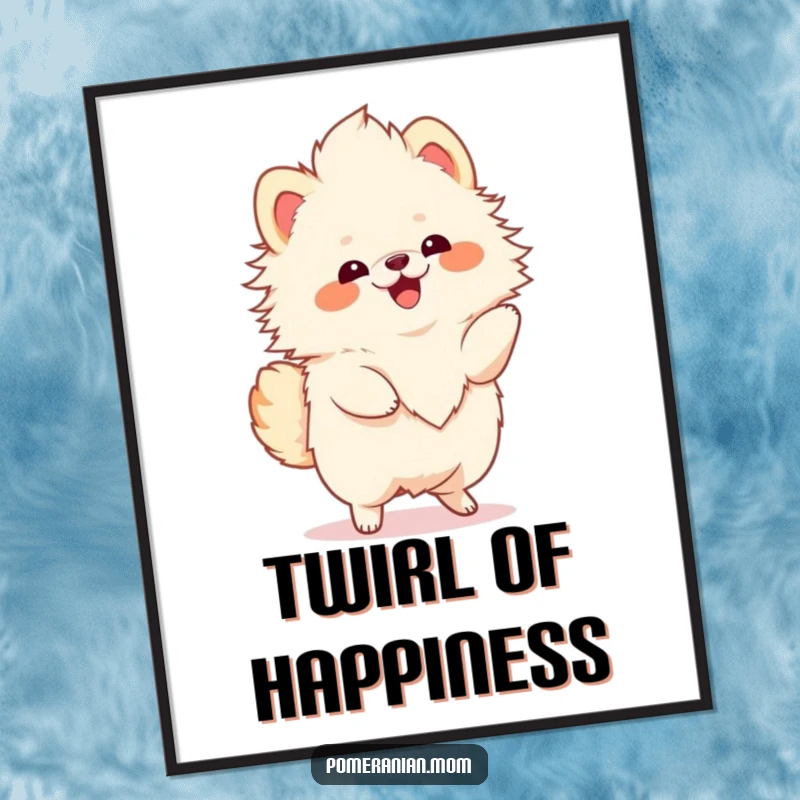 Funny Kawaii Pomeranian digital art print, a fluffy dog doing a happy twirl, downloadable wall art.