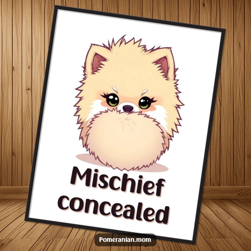 Funny Kawaii Pomeranian Digital Art: Dog with a mischievous twinkle hiding behind a pom-pom, offering a humorous and playful visual.