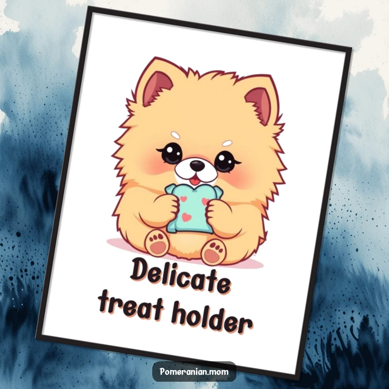 Funny Kawaii Pomeranian digital art print, a fluffy dog holding a treat, downloadable sweet art.