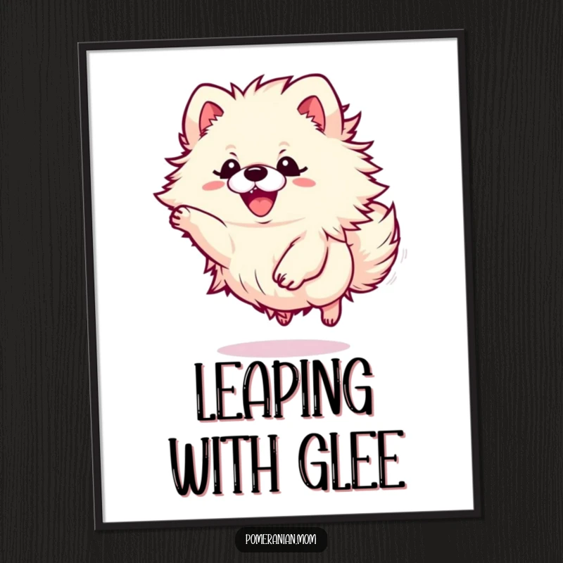 Funny Kawaii Pomeranian digital art print capturing a small dog in a dynamic, fluffy leap of pure energetic joy.