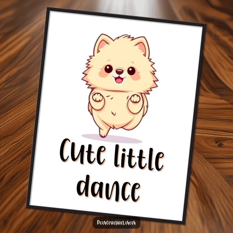 Funny kawaii Pomeranian digital art print, depicting a fluffy dog prancing gracefully with tiny paws. Instant chic decor.