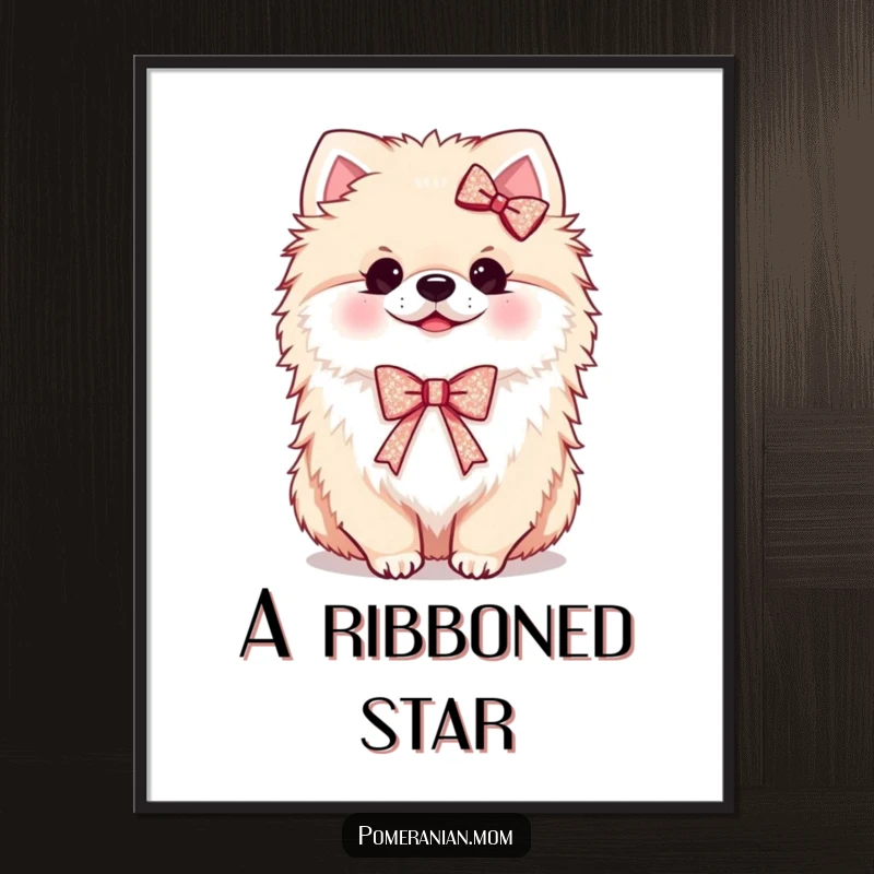 Funny Kawaii Pomeranian Digital Art Print: Fluffy dog wearing a tiny, sparkling ribbon, looking cute, perfect for download.