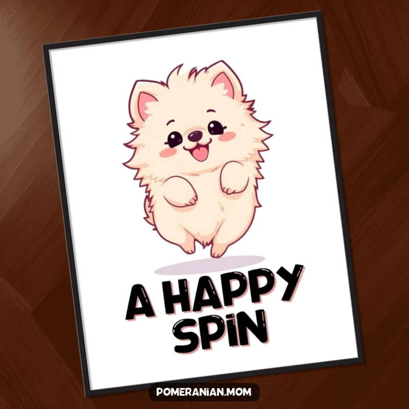 Funny Kawaii Pomeranian Digital Art Print: Fluffy dog in a happy spin, radiating pure delight, perfect for download.