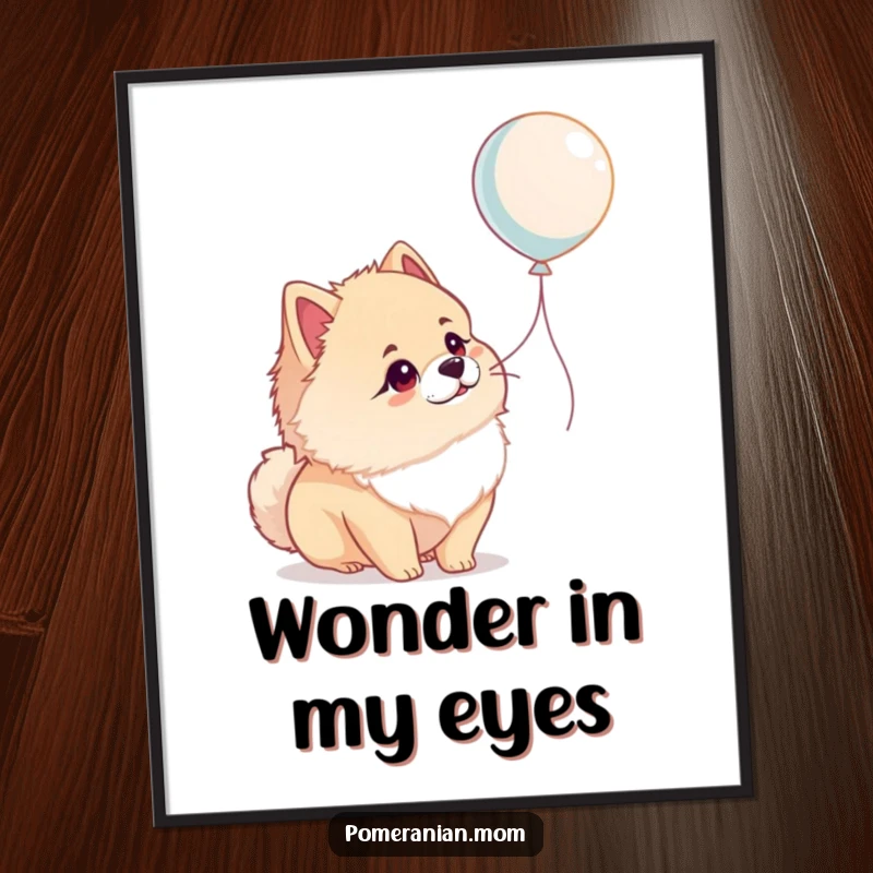Funny Pomeranian digital art print of a dog looking at a balloon with wonder, a cute and humorous illustration for decor.