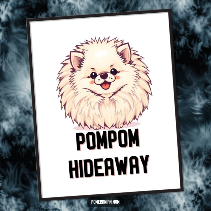 Funny Pomeranian Digital Art Print of a happy Pomeranian peeking out from behind a large, cheerful pompom.