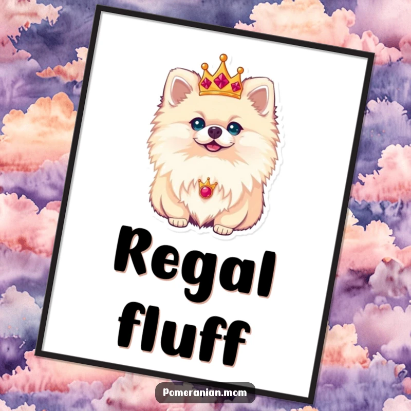 Funny Pomeranian digital art print of a small dog wearing a tiny, elegant crown, exuding regal charm and sophisticated beauty.