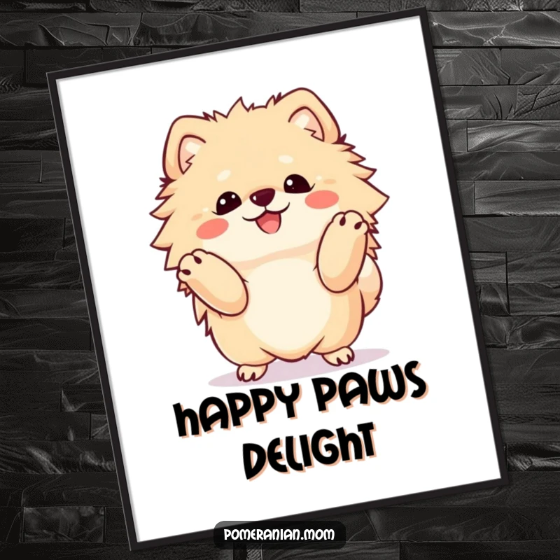 Funny Kawaii Pomeranian digital art print, a fluffy dog doing an ecstatic happy dance, full of vibrant, celebratory energy.