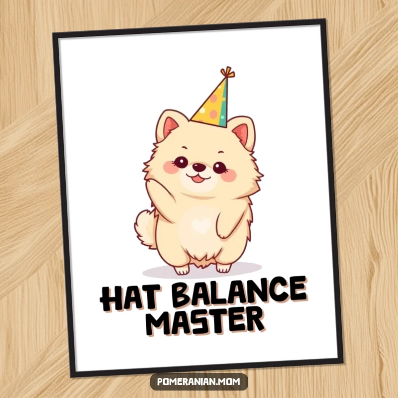 Funny kawaii Pomeranian digital art print, a cute dog balancing a festive party hat. Instant party decor.
