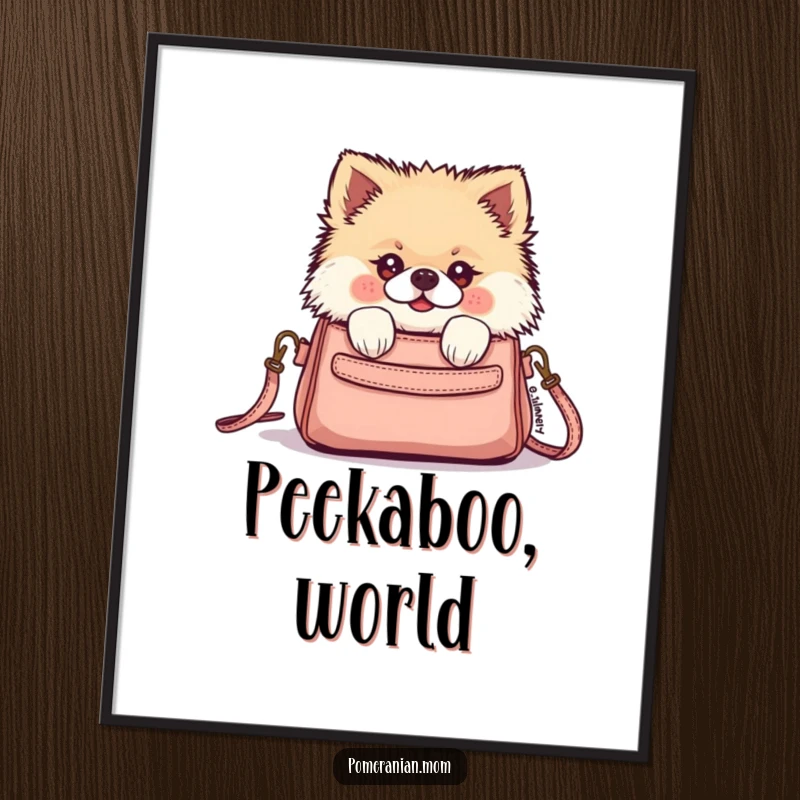 Funny Kawaii Pomeranian peeking from a tiny purse in this digital art print, embodying curiosity and adorable charm for wall decor.