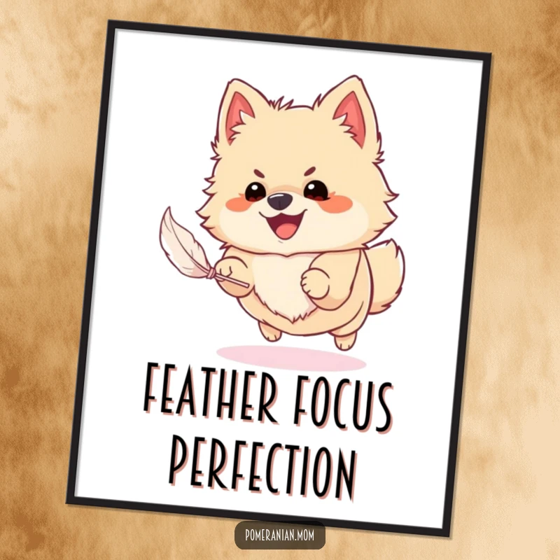 Funny Pomeranian digital art print of a dog energetically chasing a feather, perfect for instant playful decoration.