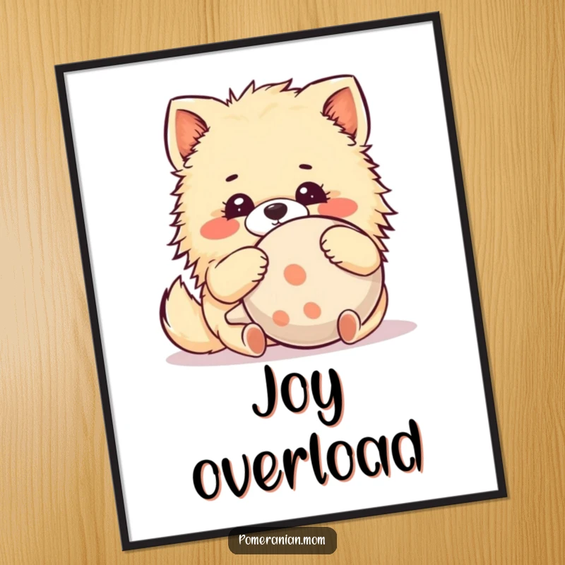 Funny Kawaii Pomeranian Digital Art: An adorable dog hugs a comically large squeaky toy with delight, creating a cheerful atmosphere.