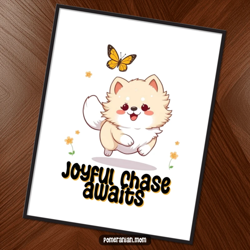 Funny Kawaii Pomeranian digital art print, a high-energy dog joyfully pursuing a butterfly, vibrant and whimsical.