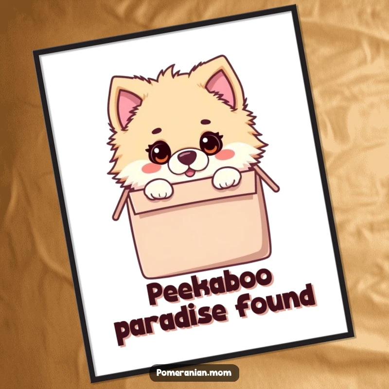 Funny digital art print of a kawaii Pomeranian with a surprised expression, peeking from inside a toy box, ready for download.