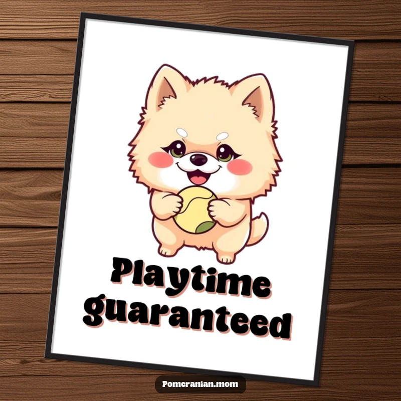 Funny Pomeranian character with a mischievous grin holding a ball on this digital art print, radiating playful energy and a love for games.