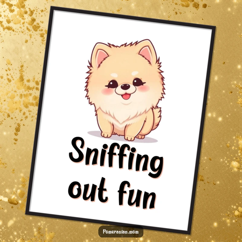 Funny Kawaii Pomeranian digital art print capturing a small dog with its nose down, curiously sniffing with a happy wiggle.