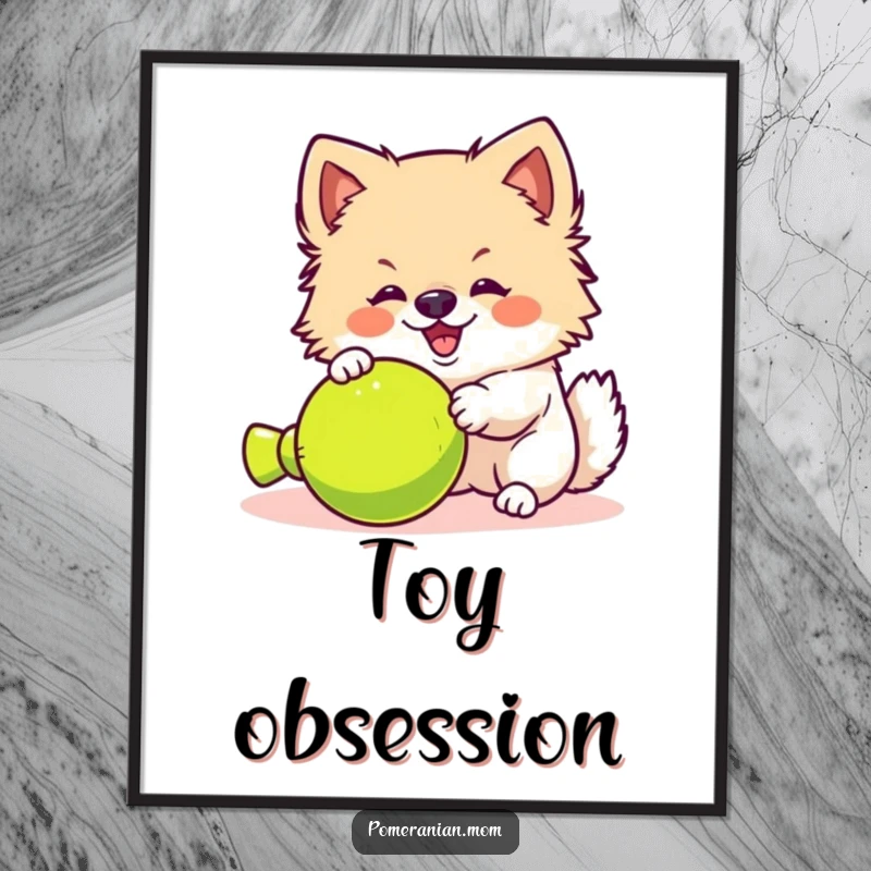 Funny kawaii Pomeranian digital art print, depicting a fluffy dog yipping playfully at a toy. Instant fun decor.