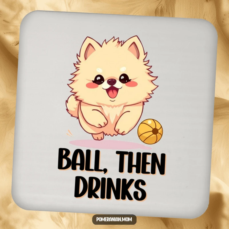 Funny Kawaii Pomeranian focused on a bouncing ball, yapping playfully, perfect for adding fun to drink coasters.