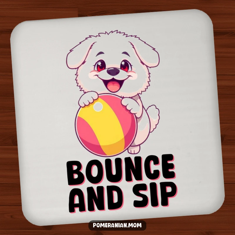 Funny drink coasters featuring a fluffy white dog with ecstatic eyes, gleefully bouncing a large, colorful ball, adding cheer to any table.
