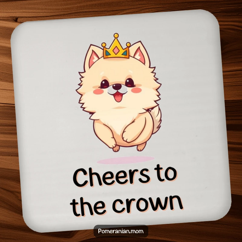 Funny Pomeranian coasters featuring a small crowned dog happily skipping, adding regal humor to any tabletop.