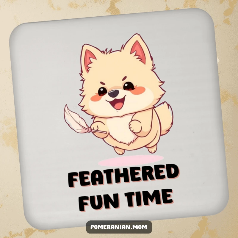 Funny Pomeranian coasters showing a dog chasing a feather, adding a humorous touch to any tabletop and protecting surfaces.