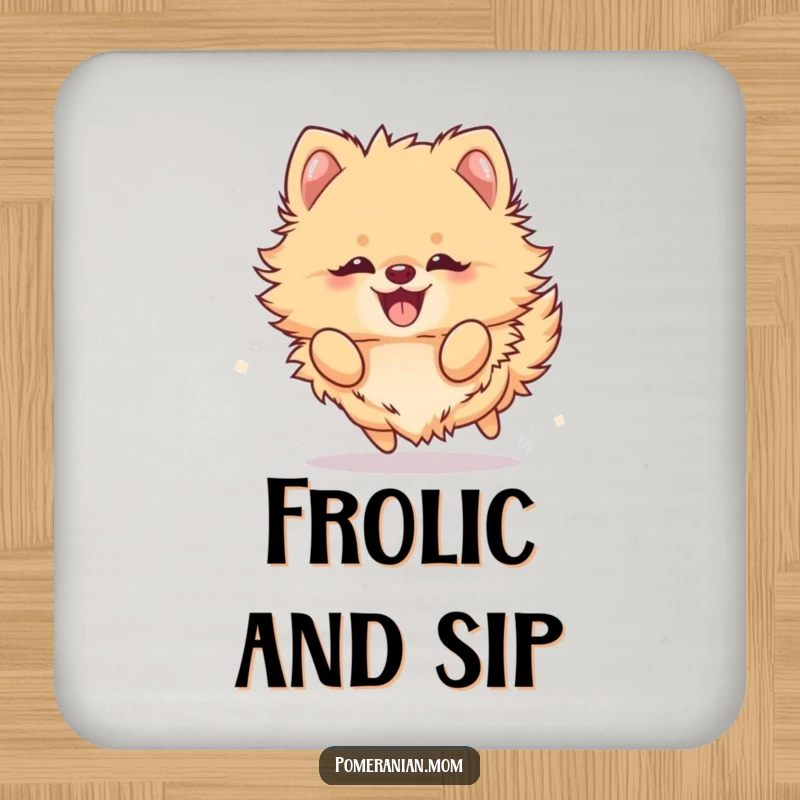 Funny Kawaii Pomeranian Coasters: A fluffy dog frolicking with sheer joy, adding cheer to drink protection.