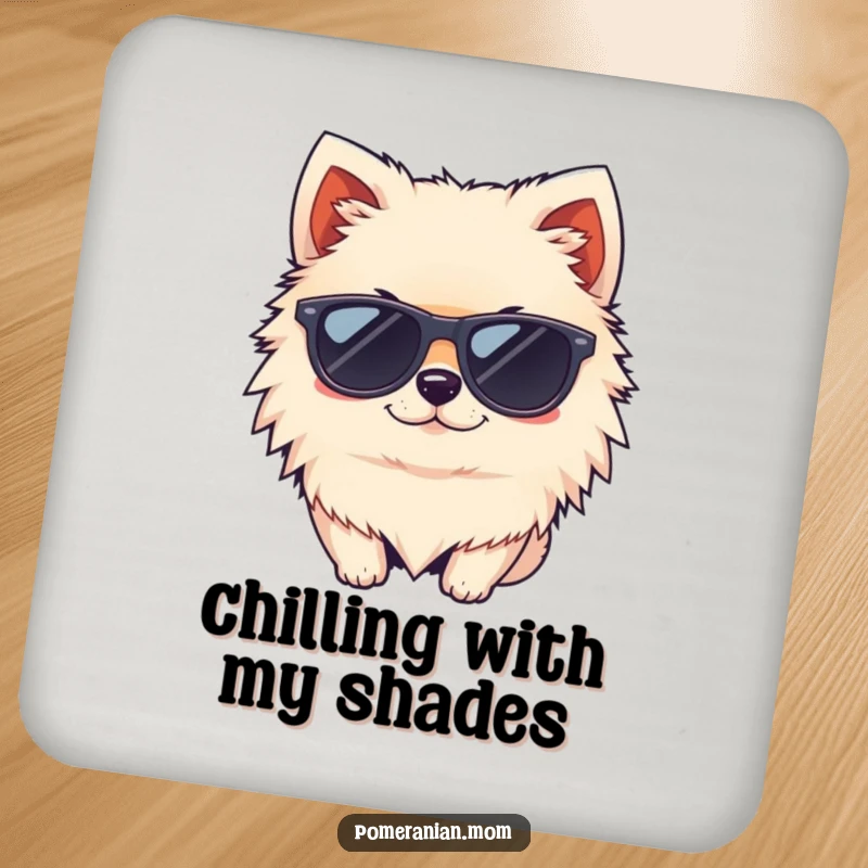 Funny kawaii Pomeranian wearing tiny sunglasses and winking drink coaster, a stylish and functional accessory.