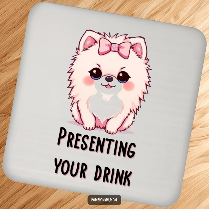Funny Kawaii Pomeranian drink coaster with a small dog offering a tiny, sparkly bow, adding charming protection.