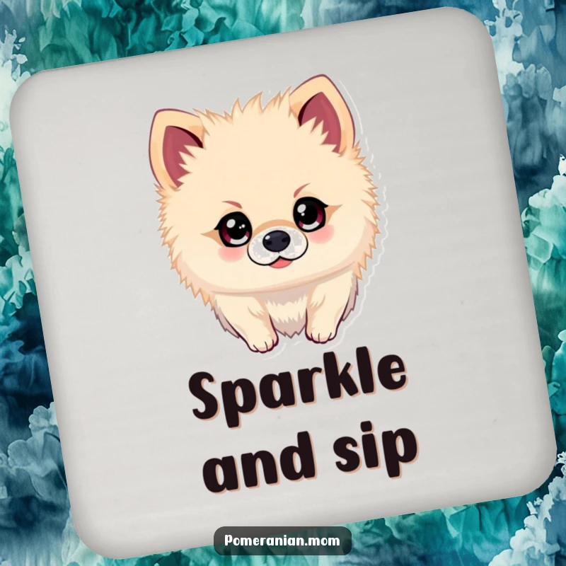 Funny Kawaii Pomeranian Coaster: Cute dog with sparkling eyes, ready for adventure, a humorous and practical table protector.