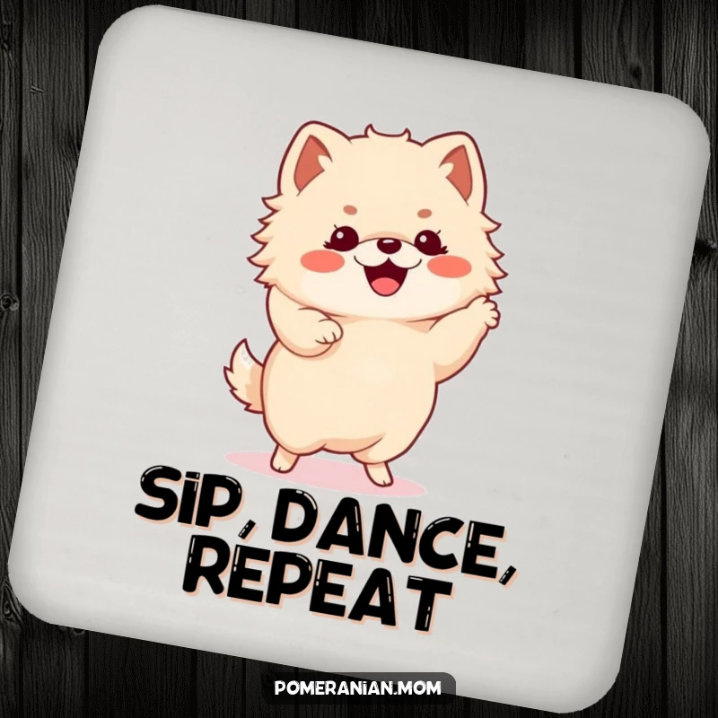 Funny Kawaii Pomeranian captured mid-happy dance with tiny paws flying, adding a dynamic touch to drink coasters.