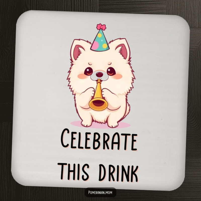 Funny Kawaii Pomeranian Coaster: A cute dog wearing a party hat blows a tiny trumpet, a humorous accessory for parties.