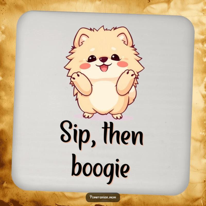 Funny Kawaii Pomeranian drink coaster, a cute dog performing a happy dance, perfect for protecting surfaces with style.