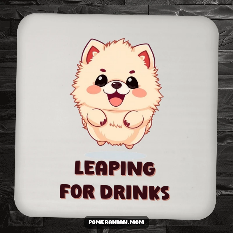 Funny kawaii Pomeranian coaster, showing a fluffy dog joyfully jumping. Protects furniture with adorable humor.