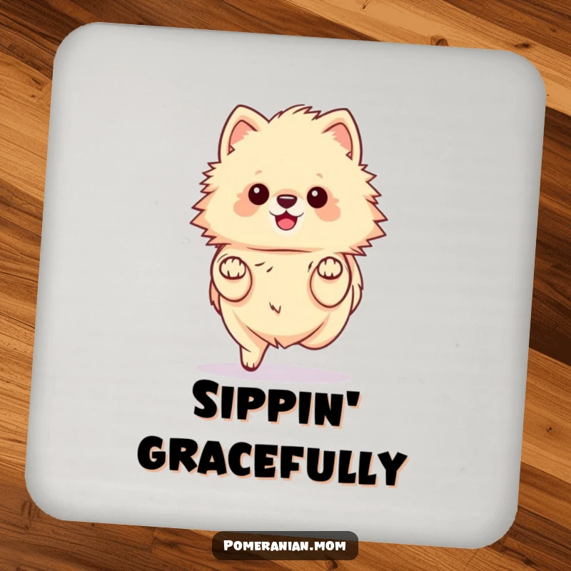 Funny kawaii Pomeranian coaster, showing a fluffy dog prancing elegantly with tiny paws. Protects furniture with chic humor.