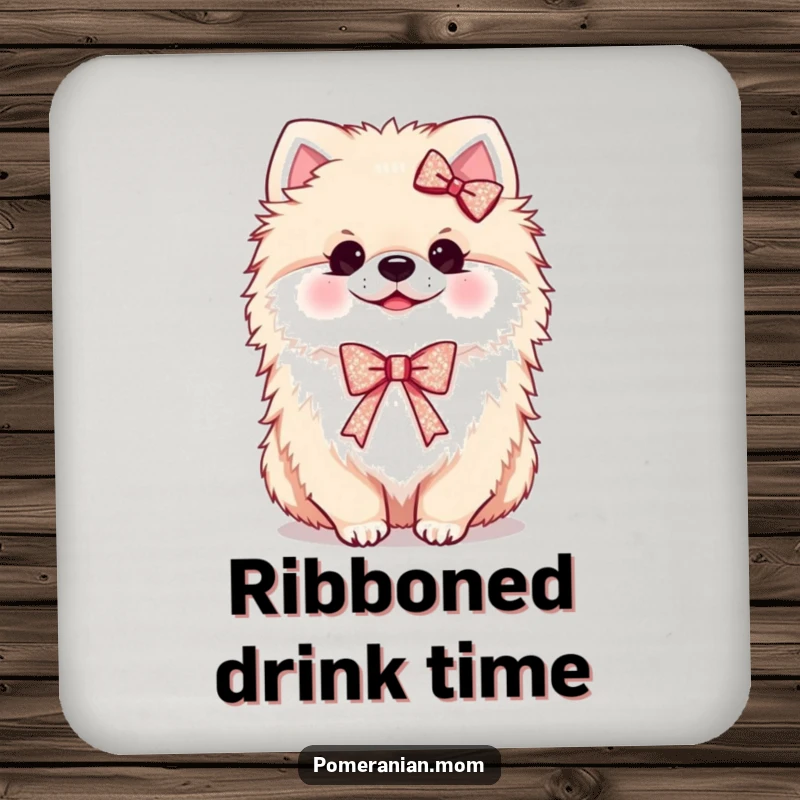 Funny Kawaii Pomeranian Coasters: A fluffy dog wearing a tiny, sparkling ribbon, adding cheer to drink protection.