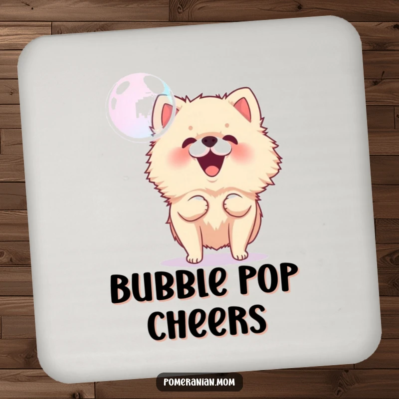 Funny Pomeranian coasters showing an energetic dog barking at a bubble, adding playful charm and humor to any tabletop.