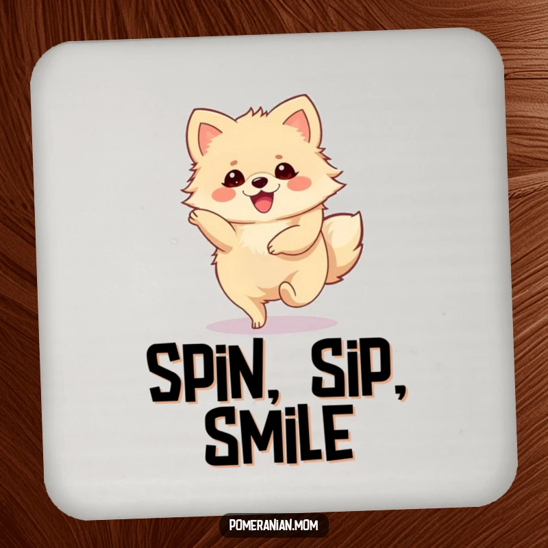 Funny Pomeranian Coaster showing a cute Pomeranian character performing a joyous, spinning twirl.