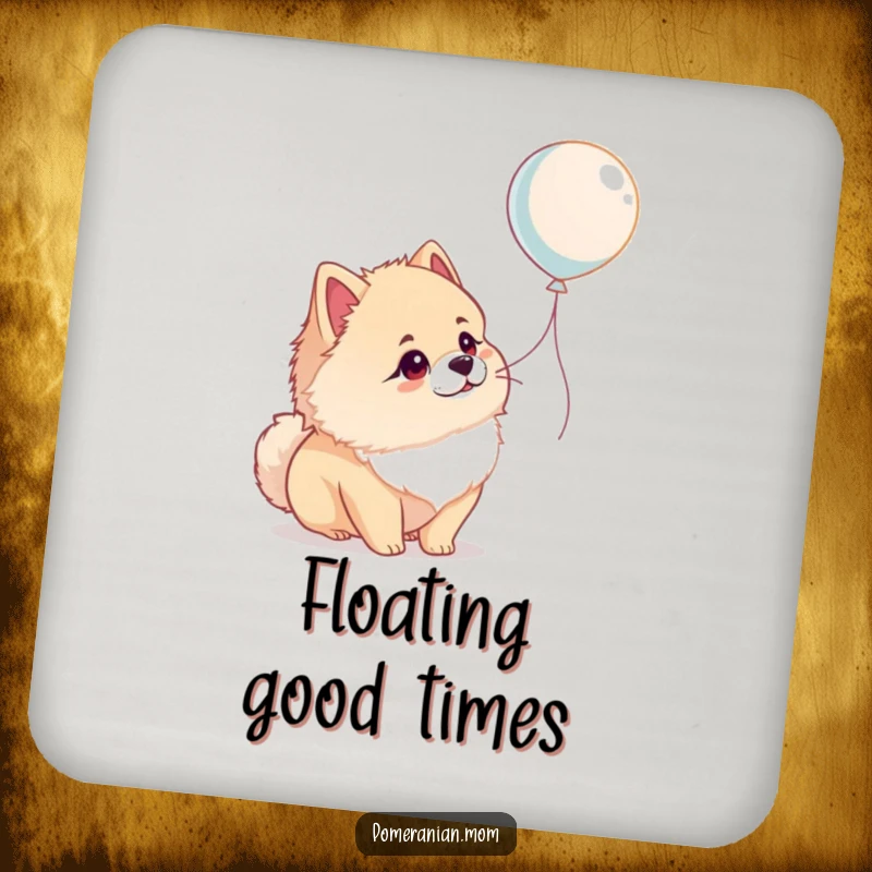 Funny Pomeranian coasters showing a dog looking at a balloon with wonder, a cute and humorous set to protect surfaces.
